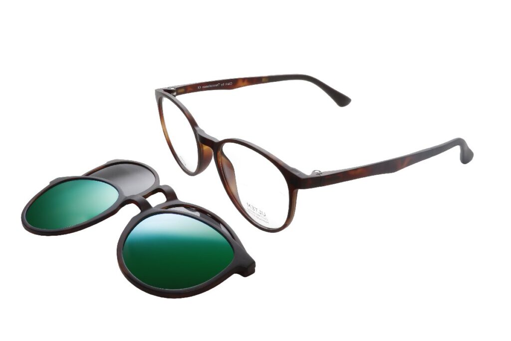 Occhiali da vista Clark 1009 Colore 3 con montatura tonda in acetato marrone tartarugato e clip-on magnetico con lenti polarizzate – modello unisex elegante e funzionale