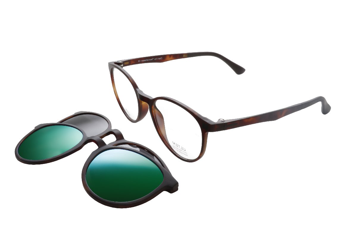Occhiali da vista Clark 1009 Colore 3 con montatura tonda in acetato marrone tartarugato e clip-on magnetico con lenti polarizzate – modello unisex elegante e funzionale