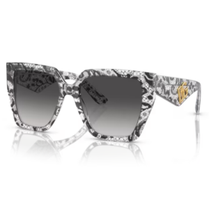 Occhiali da sole Dolce & Gabbana DG4438 32878G montatura nera pizzo acetato lenti grigio sfumate forma squadrata oversize eleganza sofisticata donna Dolce Gabbana