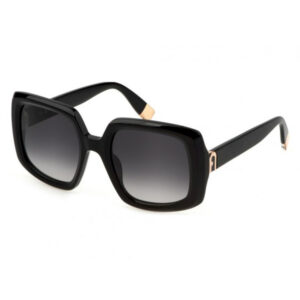 Furla SFU709 0700 montatura acetato nero lucido inserti dorati lenti grigio sfumato forma squadrata