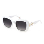 Just Cavalli SJC085V 0847 occhiali da sole squadrati oversize acetato bianco lucido logo JC oro lenti grigio sfumato stile glamour