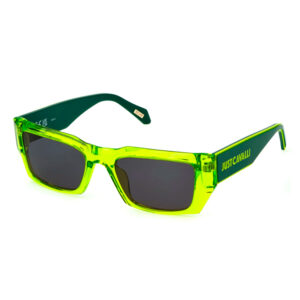 Just Cavalli SJC090V 0VC1 occhiali da sole rettangolari acetato verde fluo trasparente maxi logo aste lenti grigie stile neon rave