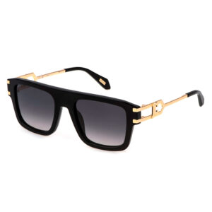 Just Cavalli SJC096 700 occhiali da sole squadrati acetato nero lucido aste oro metallo logo lenti fumo sfumate