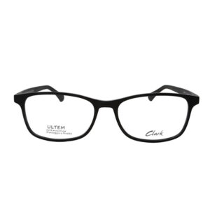 Occhiali da vista Clark 1036 001 con montatura rettangolare in acetato nero opaco su sfondo bianco