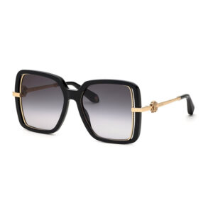Occhiali da sole Roberto Cavalli SRC007 0700 nero metallo oro forma squadrata lenti grigio sfumato nylon montatura donna.