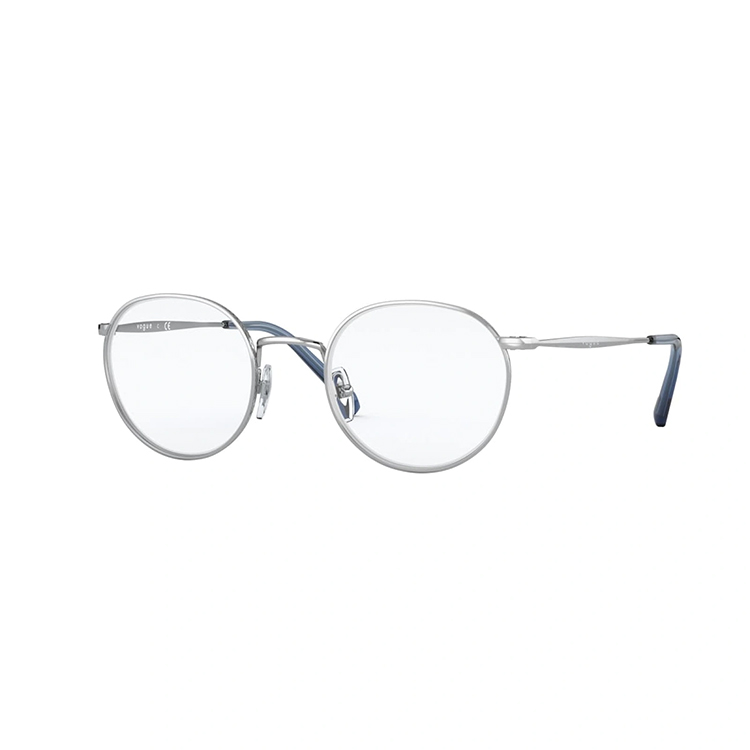 Occhiali da vista Vogue 4183 323 uomo pantos in metallo argentato con dettagli blu su sfondo bianco