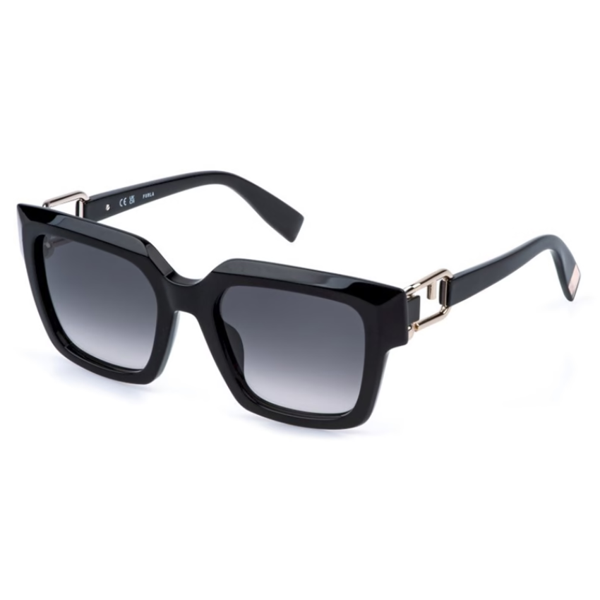 Occhiali da sole Furla SFU981 0700 montatura squadrata nera con dettaglio aste oro