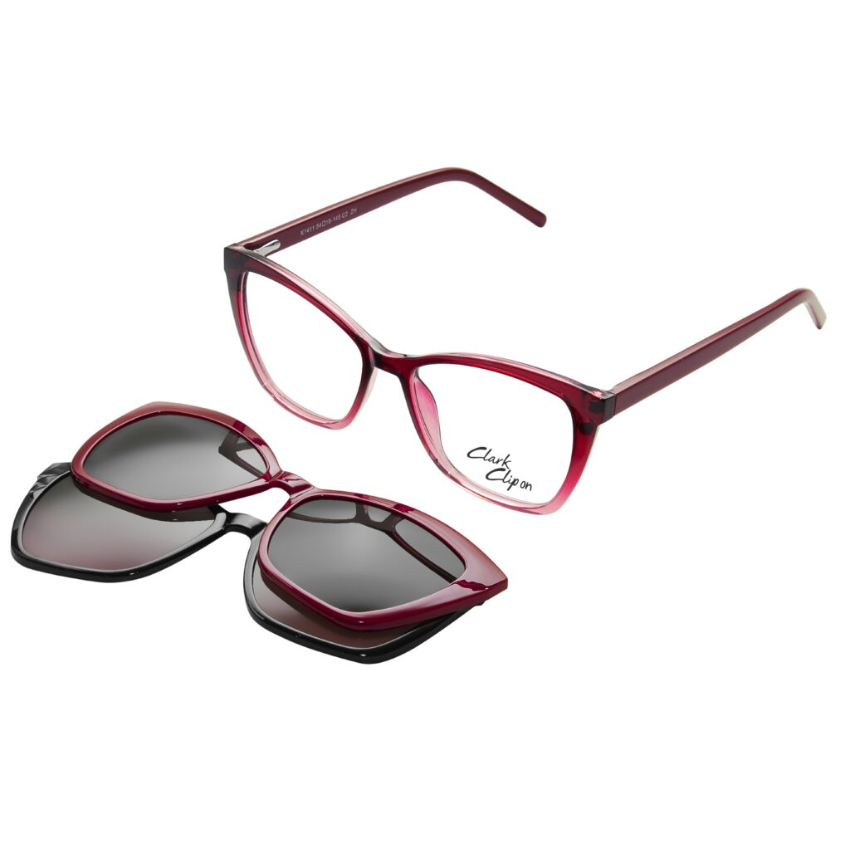Clark K1411 C2 Clip On rosso bordeaux con montatura cat-eye e due clip magnetiche da sole