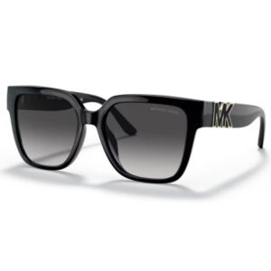 Occhiali Michael Kors Karlie nero con forma square oversize, maxi logo MK dorato e lenti grigio sfumate