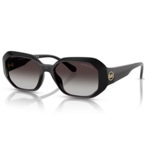 Occhiali Michael Kors Siesta Key neri con lenti grigio sfumate e logo dorato laterale