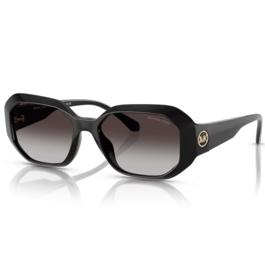 Occhiali Michael Kors Siesta Key neri con lenti grigio sfumate e logo dorato laterale