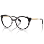 Occhiali Michael Kors Sitges nero con frontale cat-eye morbido, profilo trasparente e aste dorate