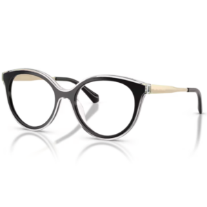 Occhiali Michael Kors Sitges nero con frontale cat-eye morbido, profilo trasparente e aste dorate