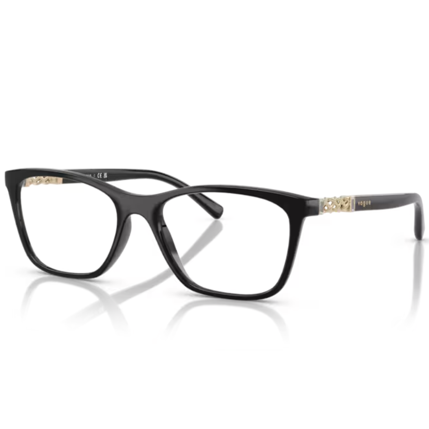 Occhiali da vista Vogue VO5632B W44 Nero con montatura squadrata, finitura lucida e inserti ornamentali dorati sulle aste